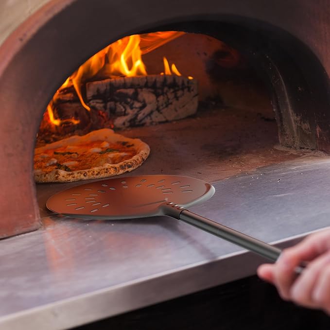 Turning Pizza Peel, 9 Inch Aluminum Perforated Peel with Detachable 33 or 48 Inch Long handle, Lightweight Pizza Paddle for Baking Homemade Pizza Bread