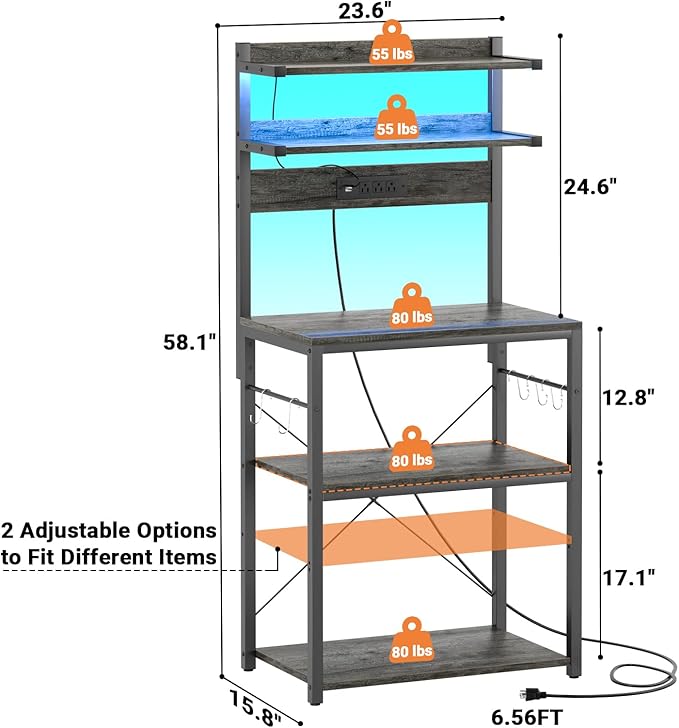 Aheaplus Bakers Rack with Power Outlet, Microwave Stand, 5 Tiers Coffee Bar Station with Led Lights, Kitchen Storage Shelf with 6 S-Shaped Hooks, Kitchen Rack for Spices, Pots and Pans, Black Oak