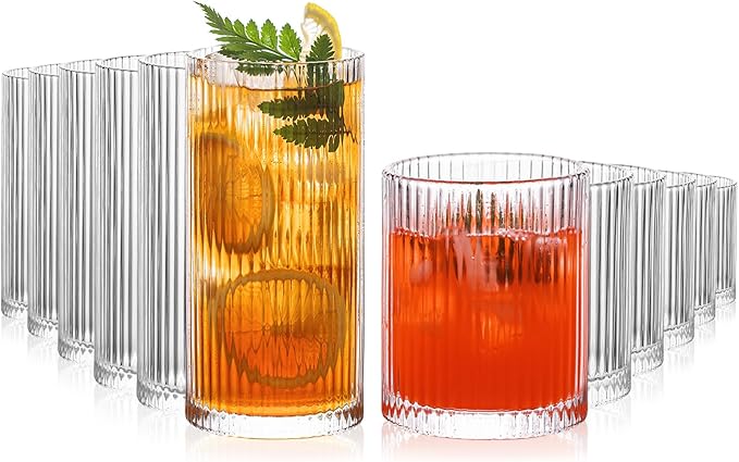 INSETLAN 12-Piece Ribbed Glassware - 6 Highball Glasses 12 oz, 6 Rocks Glass Cups 14 oz, Vintage Cocktail Drinking Glasses, Ideal for Wine, Juice, Water, Ice Coffee Cup, Whiskey, Mixed Drinkware