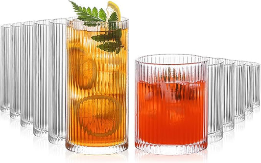 INSETLAN 12-Piece Ribbed Glassware - 6 Highball Glasses 12 oz, 6 Rocks Glass Cups 14 oz, Vintage Cocktail Drinking Glasses, Ideal for Wine, Juice, Water, Ice Coffee Cup, Whiskey, Mixed Drinkware