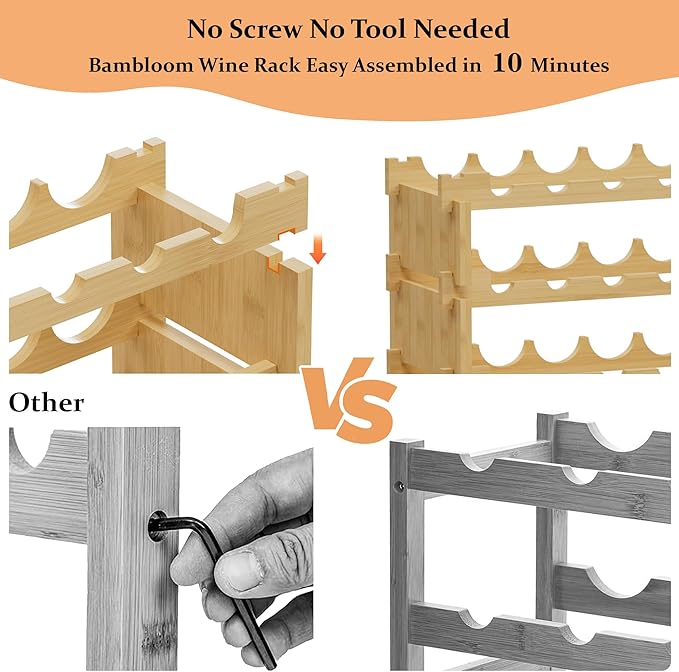 Bambloom Wine Rack Freestanding Floor, Wooden Stackable Bottle Storage Rack for Kitchen,Cellar. 72 Bottles Wine Holder Display Shelves for Champagne(Bamboo)