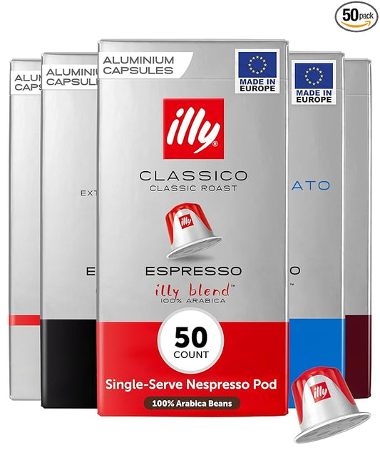 illy Aluminum Espresso Capsules - Compatible with Nespresso Machines - Classico, Forte, Intenso, Decaf, Classico Lungo Roasts - Variety - 10 Count (Pack of 5)