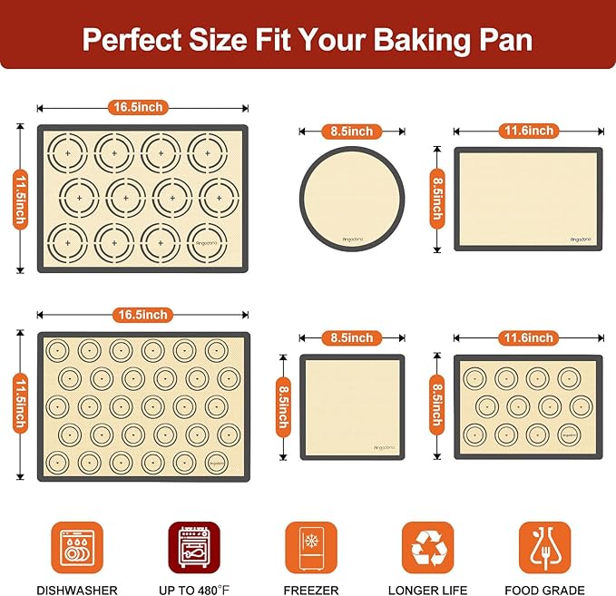 Silicone Baking Mat Set of 6, Non-Stick & Easy Clean Food Grade Reusable Baking Mat, Silicon Baking Mats Oven Liner Sheet, Round & Square Cake Mat, Pastry Board Rolling Dough Mats for Macaron Cookie