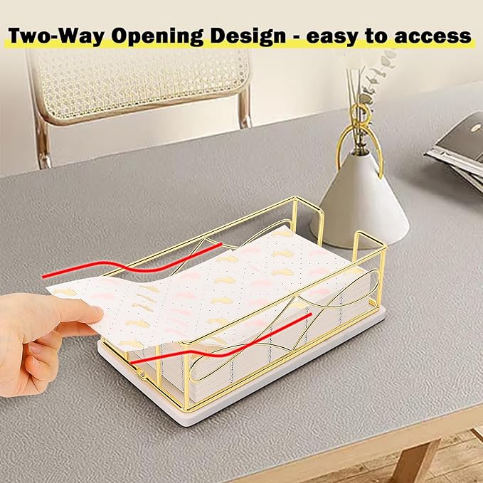 Napkin Holder with Marble Base, Guest Towel Paper Dispenser for Table, Modern Metal Napkin Stand, Ideal for All Bathroom Vanity, Kitchen Decor Accessories (Gold, 3.2 Inch)