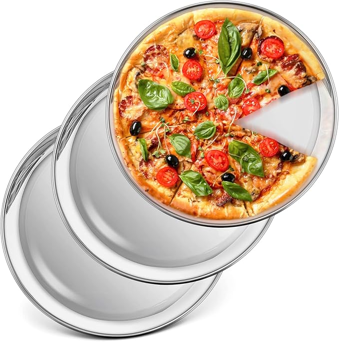 P&P CHEF 10 Inch Pizza Pan, Stainless Steel Round Pizza Tray Baking Pans, Pizzas Plate Serving Tray for Cookie Meat, Oven & Dishwasher Safe & Easy Cleaning, (Mirror Finish) - 3 Pieces