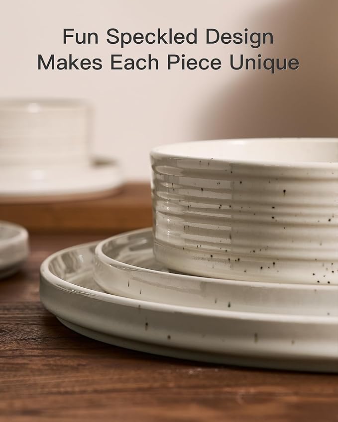 Stoneware Dinnerware Sets, Dish Set for 4, 12 Pieces Spiral Dishware Set with Straight Rim, Speckles & Reactive Glaze - Microwave and Dishwasher Safe Tableware, Shell Beige
