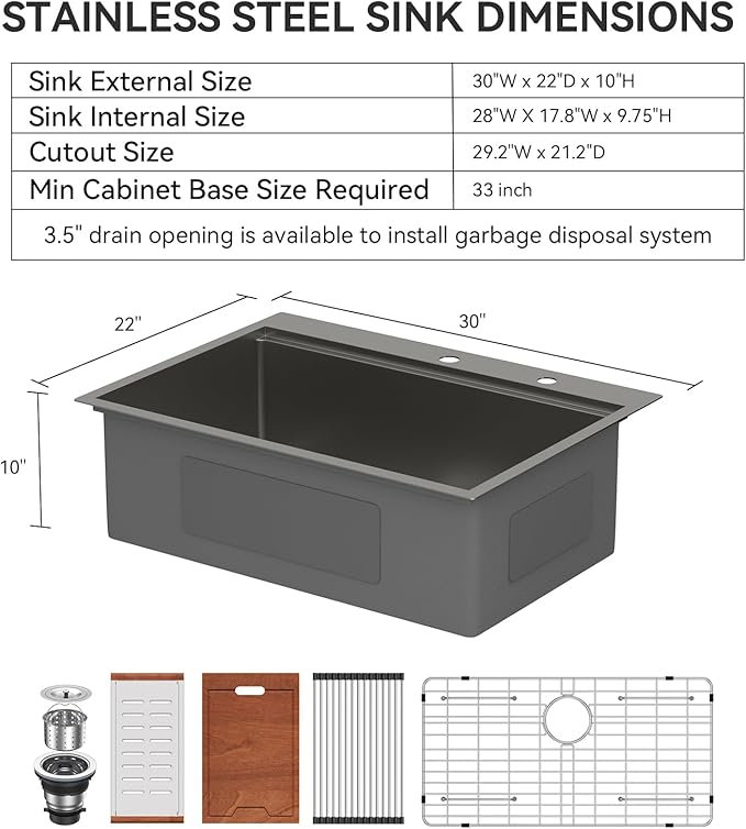 Lordear 30 Black Kitchen Sink Drop In 30 x 22 Topmount Kitchen Sinks Workstation 16 Gauge Stainless Steel Gunmetal Black Single Bowl Topmount Handmade Sink Basin with Drain Strainer
