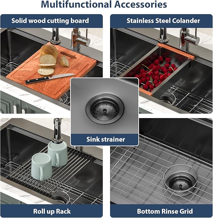 Lordear 33 Inch Black Drop In Kitchen Sink 33x19 Inch Drop in Top Mount Sink 16 Gauge Stainless Steel Single Bowl Ledge Worktation Kitchen Sinks Handmade Deep Basin With Cutting Board, 33"x19"x10"