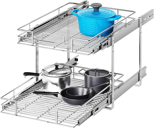 2 Tier Individual Pull Out Cabinet Organizer 22½" W x 21½" D, Heavy Duty Cabinet Pull Out Shelves, Slide Out Drawers Organization for Kitchen Cabinets Bathroom