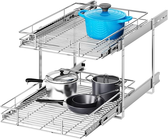 2 Tier Individual Pull Out Cabinet Organizer 19½" W x 21½" D, Heavy Duty Cabinet Pull Out Shelves, Slide Out Drawers Organization for Kitchen Cabinets Bathroom