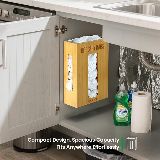 Extra Large Bamboo Grocery Bag Holder & Plastic Bag Organizer, Under Sink Cabinet or Wall Mounted Storage, Space-Saving Dispenser for Kitchen, Pantry, Garage, Laundry Room