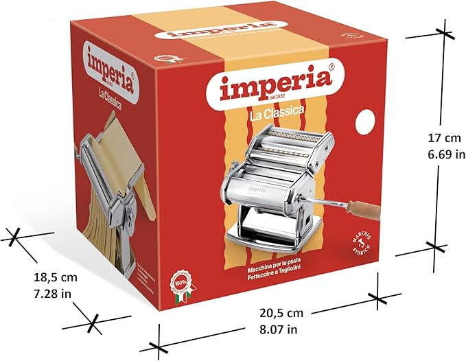 Imperia Pasta Maker Machine, Red- 100% Made in Italy, Heavy Duty Steel Construction, Easy Lock Dial Wood Grip Handle & Cleaning Brush- Fresh Homemade Italian Spaghetti Fettuccine Lasagna, Classic Line