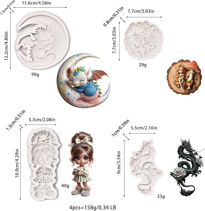 (Four-piece set) Moon sleeping dragon, fairy mushroom, whimsical girl, dragon shape, DIY silicone mold, cake chocolate mold wedding cake decoration tool soft cake mold