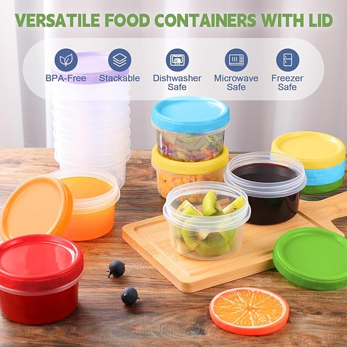 8 oz Plastic Containers with Lids, 24 Pack Stackable Small Freezer Container, Reusable Clear Food Storage Meal Prep Containers for Snack Fruit, Microwave & Dishwasher Safe, with Pen & Brush