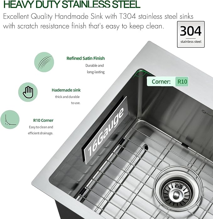 Drop In Kitchen Sink, 18 x 18 x 10 Inch 16 Gauge Single Bowl Topmount Wet Bar Sink T-304 Stainless Steel Kitchen Sinks