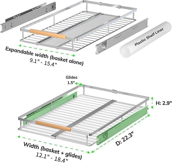 Expandable Pull Out Drawer Cabinet Organizers, Heavy Duty Slide Out Storage Shelf for Home Kitchen Pantry Cupboard Pots Pans, Adjustable Width from 12.1"~18.4", Stainless Steel 1 Pack