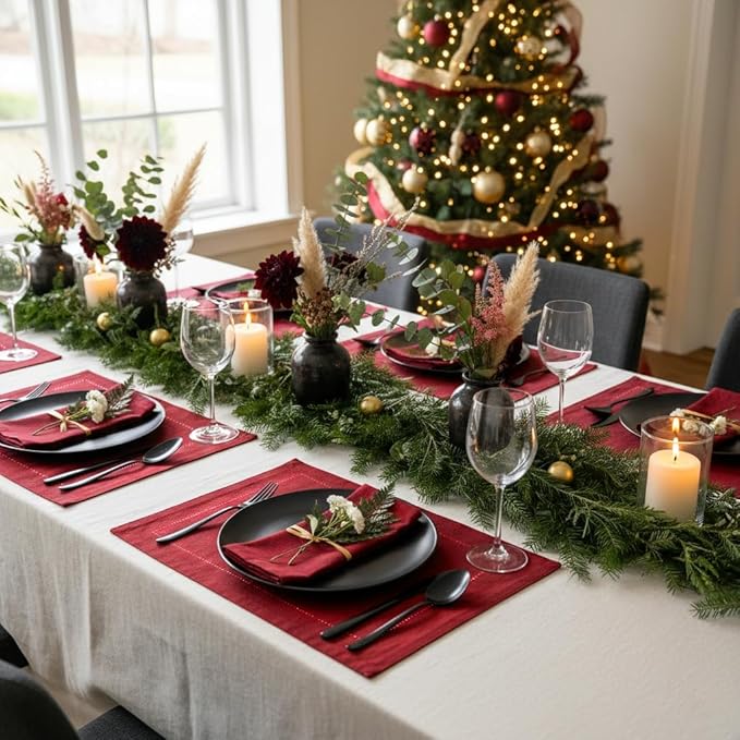 D'Moksha Homes Red Linen Placemats Set of 8 - Classic Hemstitch Placemats 14 x 19 Inch - 100% Pure Linen Table Mats for Fall, Thanksgiving, Christmas, Holiday - Handcrafted and Machine Washable