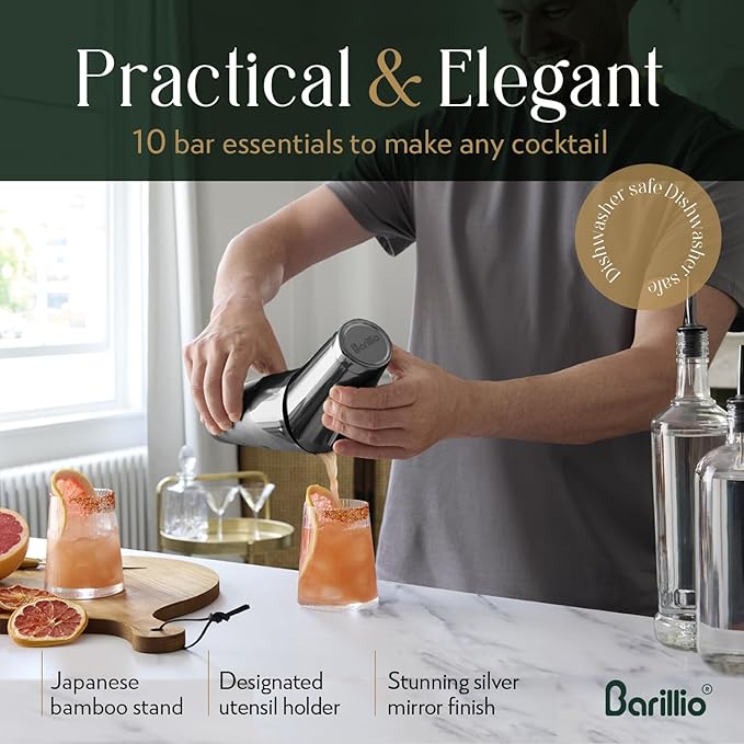 Barillio Black Mixology Bartender Kit with Stand - Cocktail Shaker Set with Bamboo Stand, Boston Drink Shaker, Mojito Muddler, and Drink Mixer Spoon - 9-Piece Bar Tools Set - Bar Accessories for Home