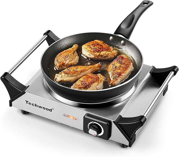 Hot Plate, Techwood Single Burner for Cooking, 1500W Countertop Electric Stove with Adjustable Temperature & Stay Cool Handles, 7.3" Cooktop for RV/Home, Upgraded Version Silver