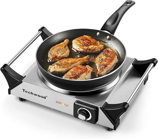 Hot Plate, Techwood Single Burner for Cooking, 1500W Countertop Electric Stove with Adjustable Temperature & Stay Cool Handles, 7.3" Cooktop for RV/Home, Upgraded Version Silver