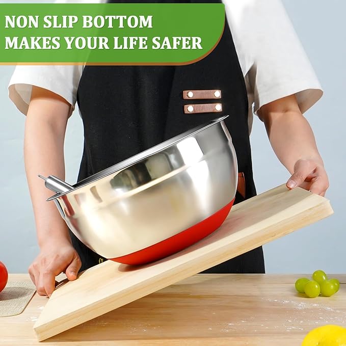 Mixing Bowls with Lids Set,10pcs Stainless Steel Mixing Bowls with Graters and Egg Whisk &Non-Slip Bottoms Food Prep Nesting Bowls for Baking, Cooking, Meal Storage(1.2QT-5.5QT)