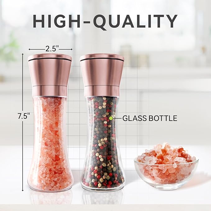 Salt and Pepper Grinder Set – 2-Pack Copper Stainless Steel Manual Mill with Adjustable Coarseness, Clear Glass Body & Ceramic Rotor
