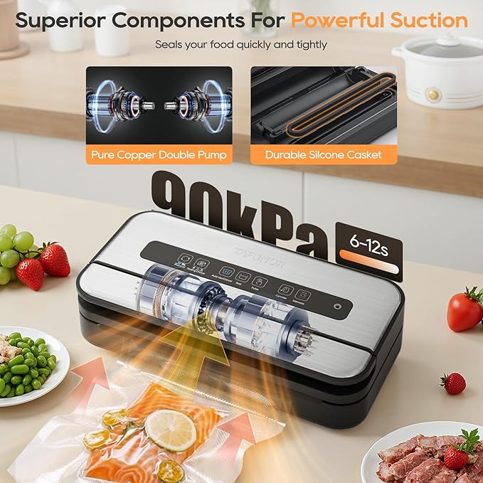 Upgraded Vacuum Sealer for Food, 90kpa 14 in 1 Food Sealer Vacuum Sealer Machine, Easy Lock Handle/Sous Vide Friendly, Liquid/Dry/Moist Food Saver Storage Vacuum Sealers with 2 Roll Bags (25 Pro)