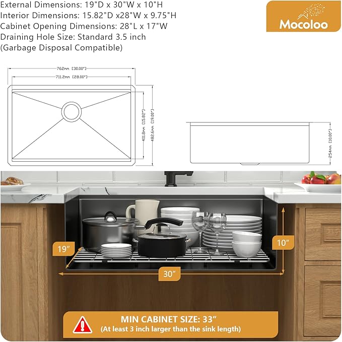 Mocoloo Black Undermount Kitchen Sink - 30x19 Kitchen Workstation Sink 16 Gauge Black Stainless Steel Single Bowl Handmade 30 Inch Undermount Ledge Workstation with Single Track