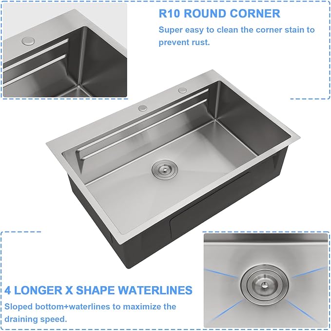 33 Drop In Kitchen Sink - Lordear 33x22 Inch Topmount Single Bowl Kitchen Sink 16 Gauge Stainless Steel Workstation Sinks with Double Ledges