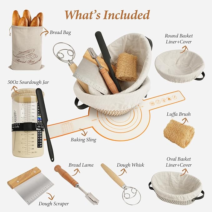 Handmade Cotton Rope Banneton Bread Proofing Basket Set, 50oz Sourdough Starter Jar - Oval & Round Bread Baskets, Sourdough Starter Kit, Bread Making Tools Kit, Black