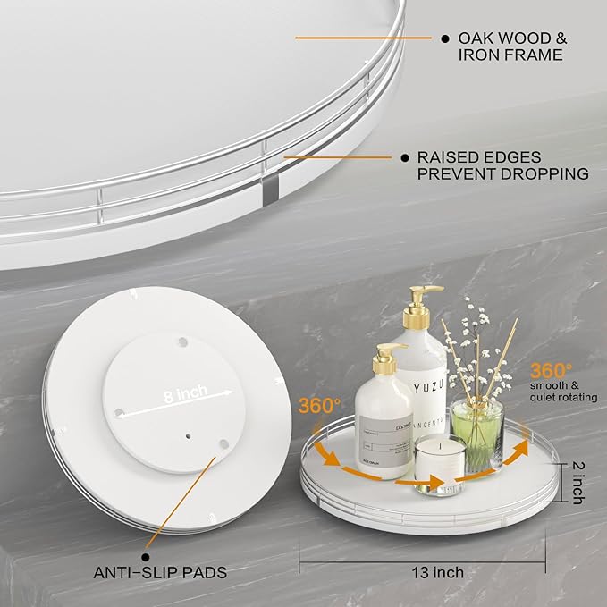 13" Oak Wood Bathroom Tray for Counter, Vanity Tray for Perfume Lotion Candle Makeup Jewelry Sink Soap Holder Turntable Dresser Organizer Countertop Coffee Table Decor Organization and Storage Silver