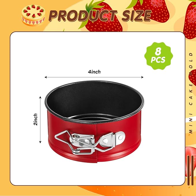 Sunnyray 8 Pcs 4 Inch Springform Pan for Baking Mini Cheesecake Pans with Removable Bottom Nonstick Leakproof Round Cake Mold Spring Form Molds for Mini Cheesecake Pizza and Quiches (Red)