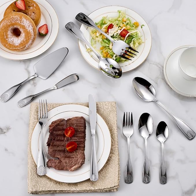 45 Pieces Silverware Set with Serving Utensils, Stainless Steel Flatware Serving Set for 8, Dinnerware Cutlery Set, Shell Pattern & Mirror Polished, Dishwasher Safe