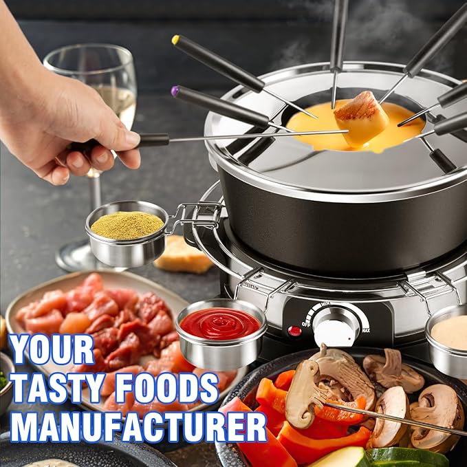 CUSIMAX Electric Fondue Set with 1300W Power Temperature Control for Cheese,Chocolate,Oil and Broth, 2L Non-Stick Electric Fondue Pot with 8 pcs Forks,6 pcs Cups and Removable Anti-Scald Handle