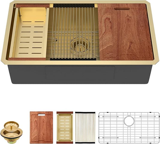 Lordear Gold Undermount Kitchen Sink 33" x 19" Stainless Steel Sinks 16 Gauge Single Bowl Ledge Workstation Handmade Under Counter Kitchen Sink Basin with Built-In Accessories