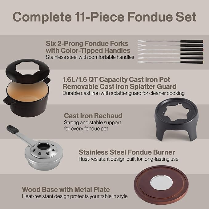Swissmar Sierra Cast Iron Fondue Set, 1.6 Quart / 1.6 Liter – Perfect for Meat, Cheese, & Chocolate Fondues – Ideal for Family Bonding & Hosting Gifts - 12-Pieces, Metallic Black