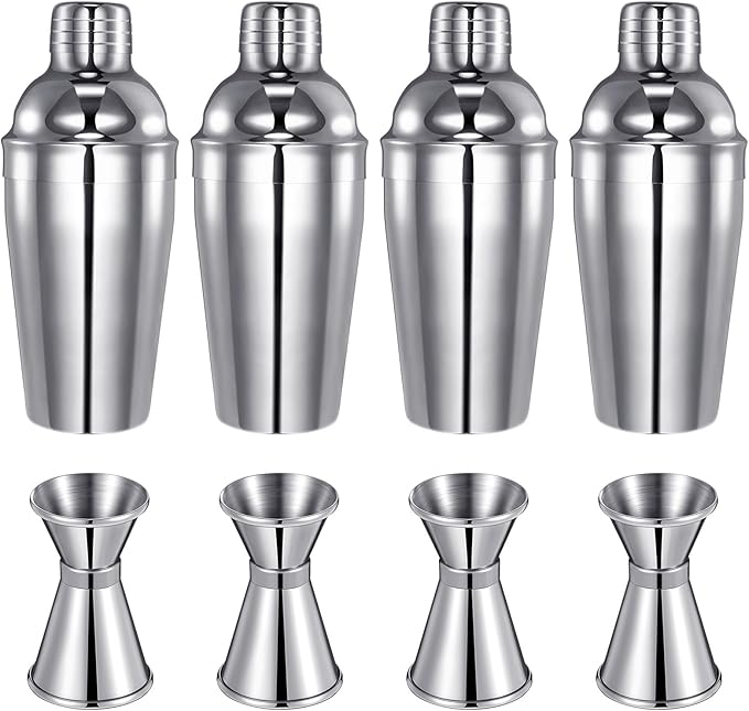 4 Packs Cocktail Shaker Set Martini Shaker Bulk Stainless Steel Martini Mixer with Strainer and Double Measuring Jigger for Bar Party Home Use Wine Bar Mixing Tool(18 oz/ 550 ml)