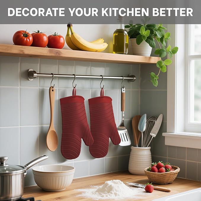 Beneno Premium Silicone Oven Mitts 2-Pack Heat Resistant 500°F, Soft Flexible Non-Slip Grips, BPA-Free & Waterproof Oven Mitts with Comfortable Cotton Lining for Baking, Grilling, Cooking, 7"x13", Red