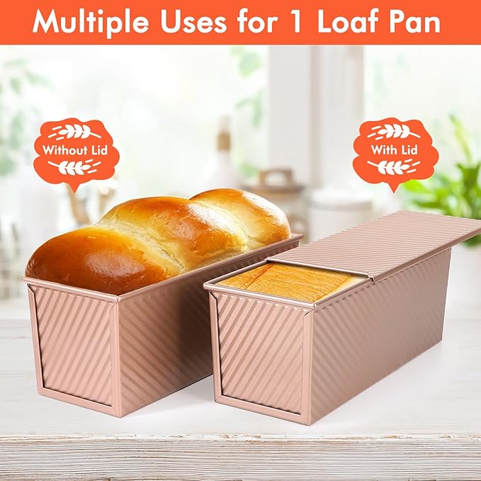 Beasea 2lb Pullman Loaf Pan with Lid, 1 Pack 12x4inch Large Bread Loaf Pans Carbon Steel Toast Box with Dough Scraper Set for Homemade Bread Bakeware Oven Baking - Rose Gold