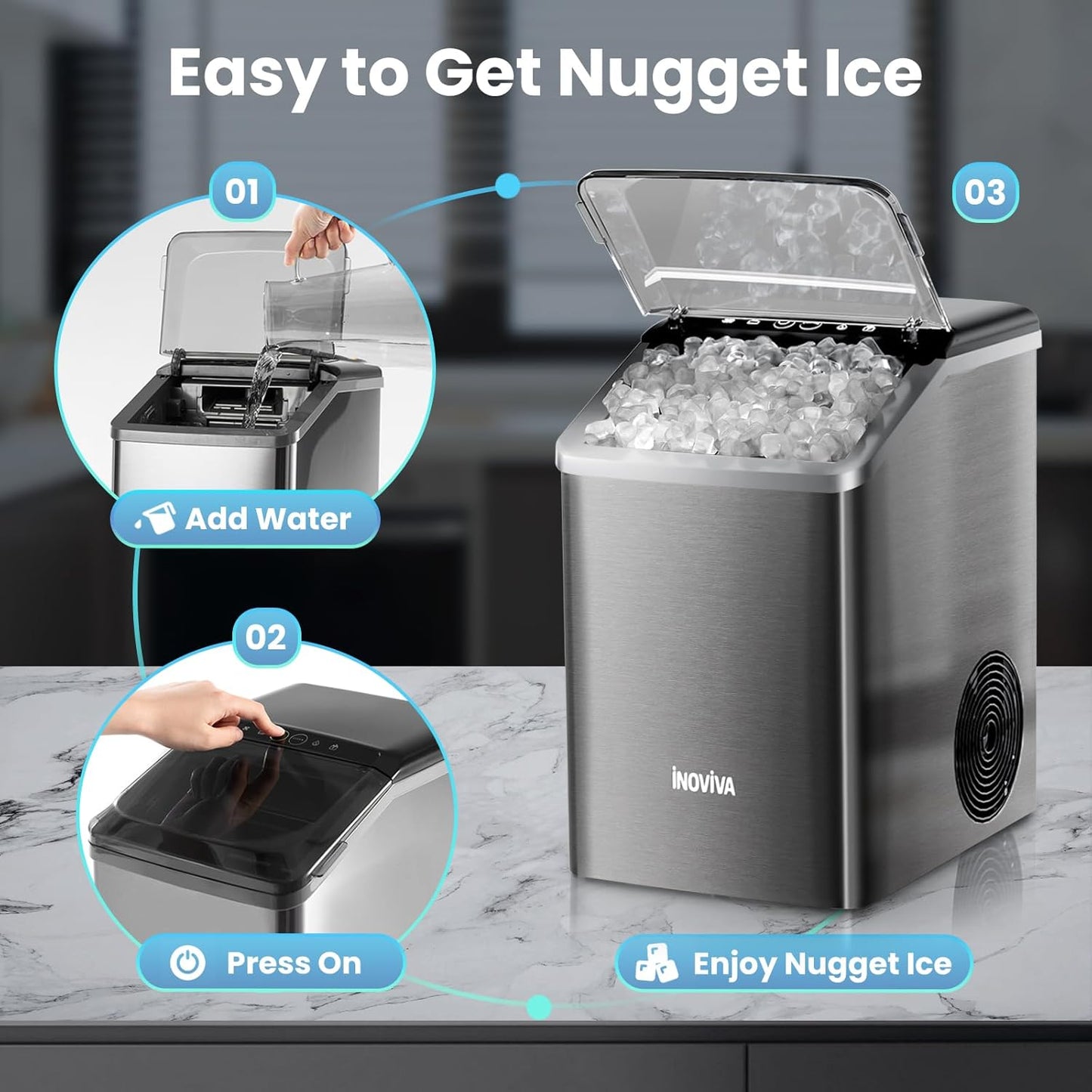 Nugget Ice Maker Countertop, 40lbs/24H Soft Chewable Pellet Ice Machine with Self-Cleaning, Sonic Ice Maker for Home Kitchen, Office - Black Stainless