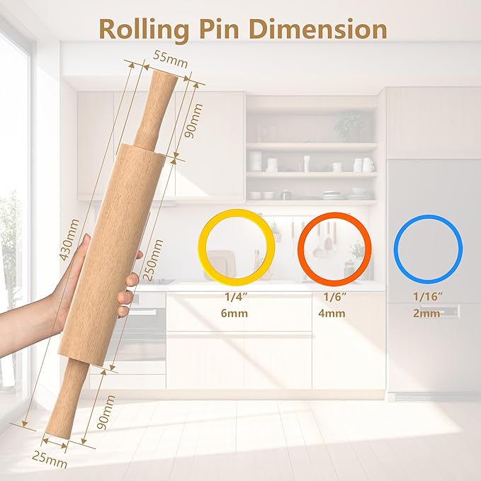 Classic Wooden Rolling Pin with Handle for Fondant, Pizza, Pies, Cookies, Pastries, Rolling Pin for Baking with 3 Multi-Color Thickness Rings, 17"x2.5" (Include handle) Beechwood Rolling Pin