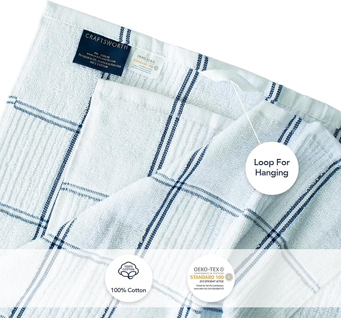 CRAFTSWORTH Kitchen Towels, 15 x 26 Inches, Pack of 6, 400 GSM, 100% Ring Spun Cotton, Navy Combo Windowpane Dish Towels Super Soft and Absorbent, Tea Towels and Bar Towels