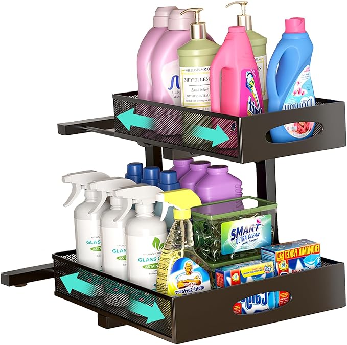 Under Sink Organizer, Extra-Wide Upgrade, 1-Pack of 2-Tier Metal Slide Out Cabinet Organizer, Height Adjustable Organization and Storage Series, Bathroom/Cabinet/Kitchen organization, Black