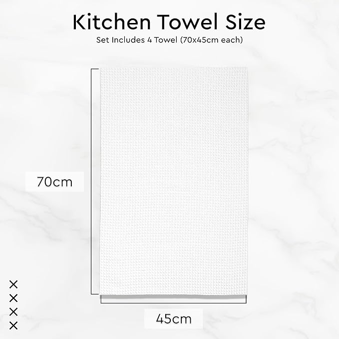 Encasa XO Kitchen Dish Towels Set | White | Waffle Weave and Flat Hand Tea Towel | 28"x18" | Quick Drying Reusable Cotton Washcloths | Multipurpose Lightweight Dishcloths Set of 4