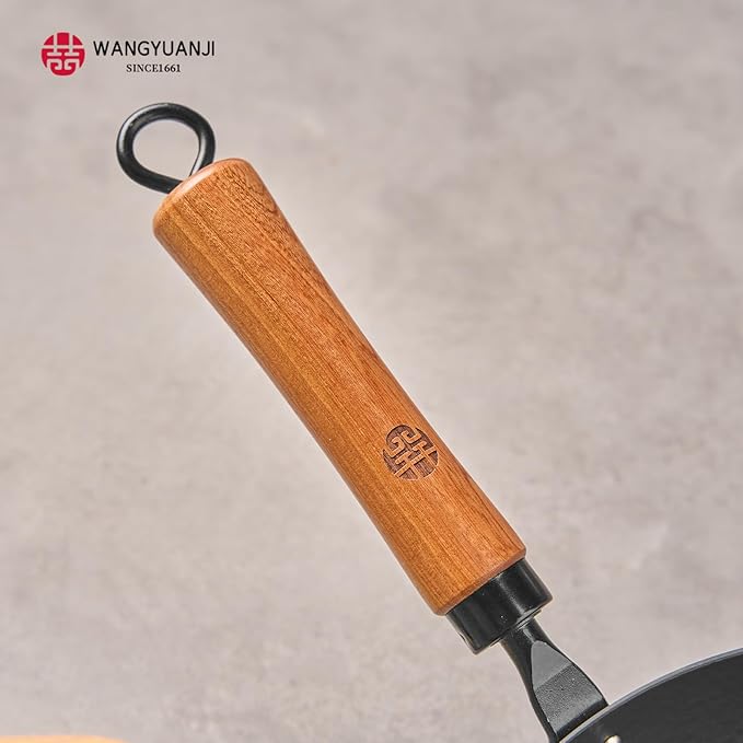 WANGYUANJI 11-Inch Round-Bottom Carbon Steel Wok with Glass Lid, Removable Wooden Handle, Traditional Pow Pan for Gas Flame/Wok Ring Only (Not for Flat-Top or Induction)