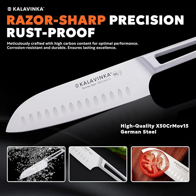 7" Professional Santoku Knife, Ultra Sharp German Steel Blade, Balanced Grip, Ideal for Chopping and Mincing, Gifted Sheath, Great for Cookouts (VENDANA)