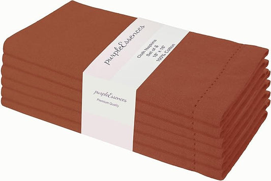 PurpleEssences Rust Set of 6 Hemstitch Cloth Dinner Napkins 100% Cotton - Soft Durable Washable - Ideal for Wedding Christmas Holiday Winter - Perfect Everyday Use Table Linen 18x18 - Rust