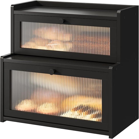 FILWH Bread Box for Kitchen Countertop Double Layer Large Corner Bread Box Capacity Bread Storage Bin Farmhouse Breadbox Container Organizer Cabinet Cupboard Black