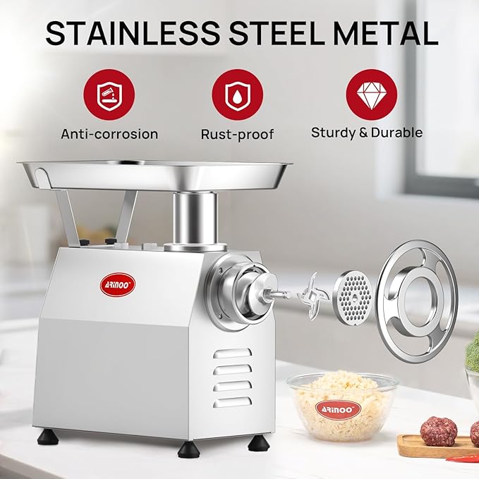 TK #22 Electric Heavy Duty Meat Grinder, 1.2 HP Stainless Steel Meat Mincer with 2 Grinder Knives, 2 Grinder Plates & 3 Sausage Stuffing Tubes, Meat Grinder for Home Kitchen Use