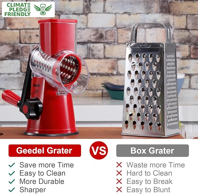 Geedel Rotary Cheese Grater, Kitchen Mandoline Vegetable Slicer with 2 Interchangeable Blades, Easy to Clean Rotary Grater Slicer for Fruit, Vegetables, Nuts